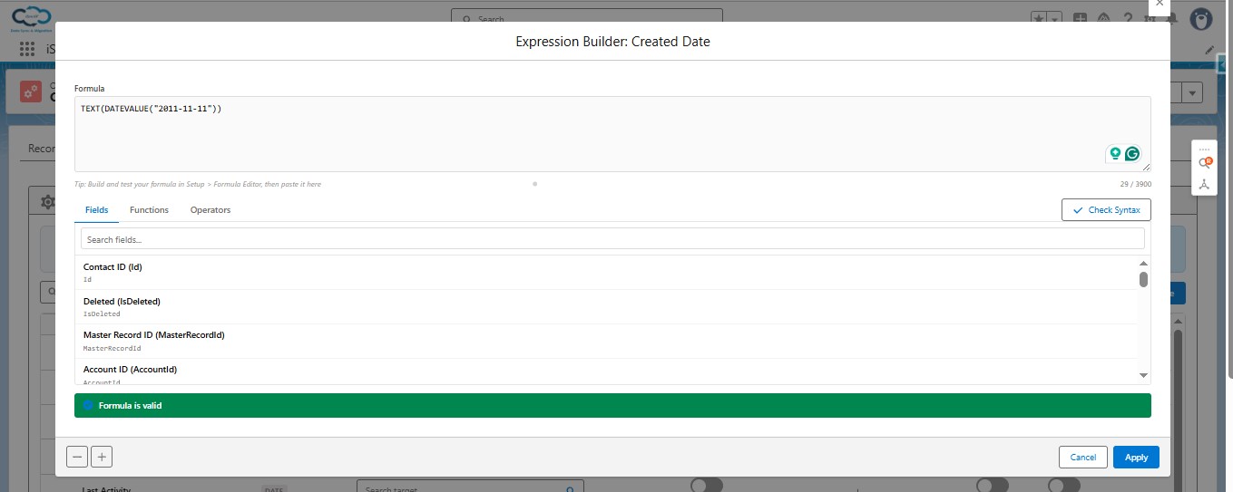 iSyncSF Expression Builder showing IF and CASE formulas, field picker, function list, and syntax validation